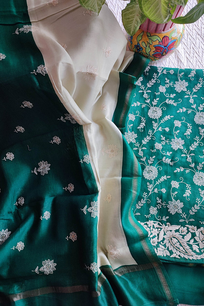 Emerald Green & Ivory Chanderisilk  Unstitched Suit Material with Floral Embroidery