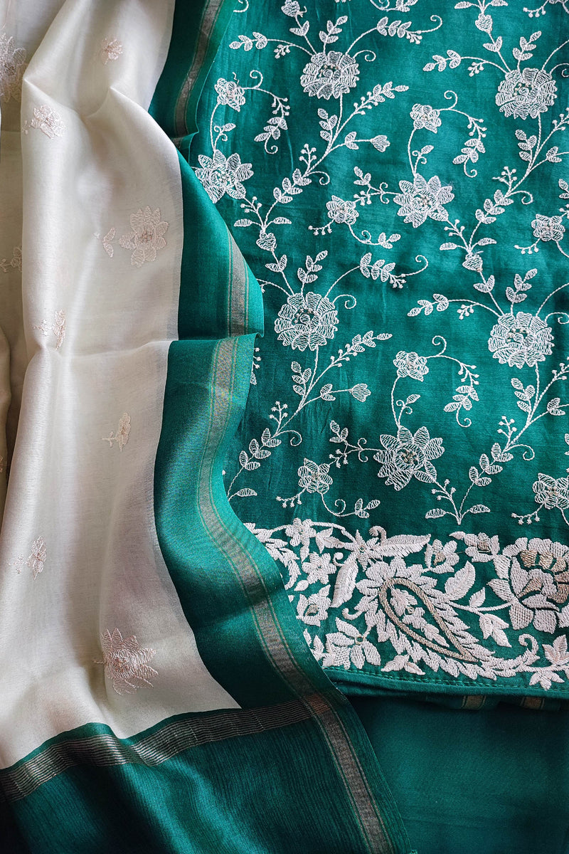 Emerald Green & Ivory Chanderisilk  Unstitched Suit Material with Floral Embroidery
