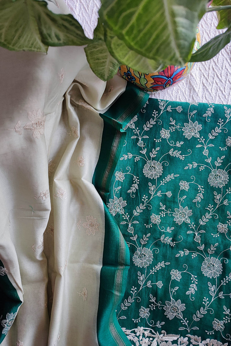 Emerald Green & Ivory Chanderisilk  Unstitched Suit Material with Floral Embroidery