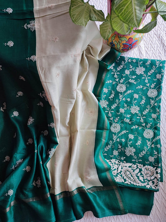 Emerald Green & Ivory Chanderisilk  Unstitched Suit Material with Floral Embroidery