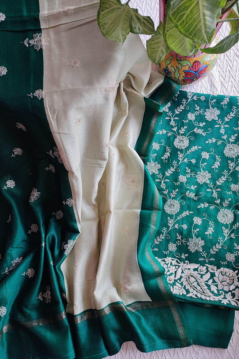 Emerald Green & Ivory Chanderisilk  Unstitched Suit Material with Floral Embroidery