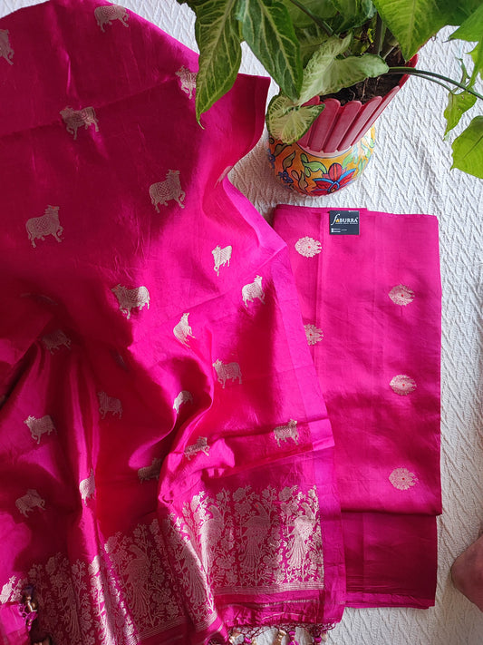 Rani Pink Pure Silk by Silk Banarasi Unstitched Suit Material with Golden Animal Motifs & Heavy Floral Border