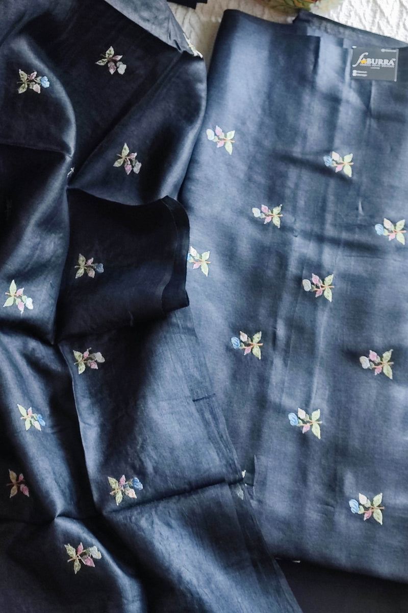 Black Pure Silk by Silk Banarasi Unstitched Suit Material with Multicolour Floral Buta Work