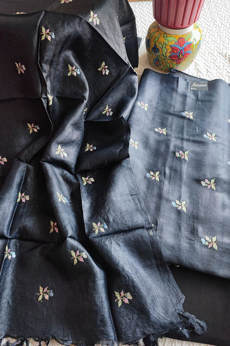 Black Pure Silk by Silk Banarasi Unstitched Suit Material with Multicolour Floral Buta Work