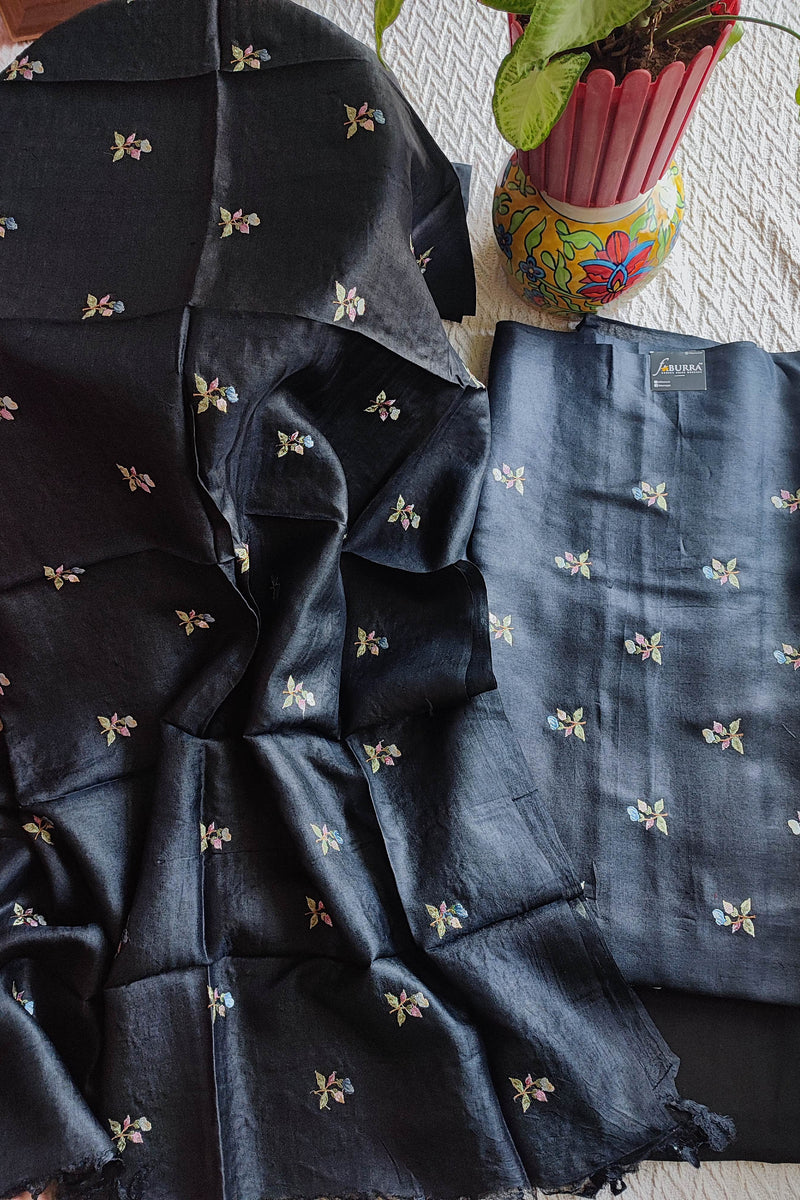 Black Pure Silk by Silk Banarasi Unstitched Suit Material with Multicolour Floral Buta Work