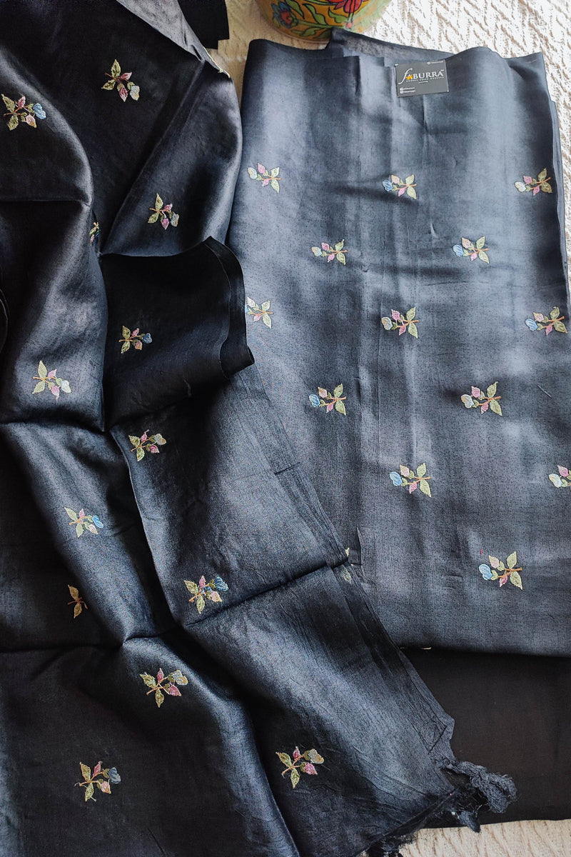 Black Pure Silk by Silk Banarasi Unstitched Suit Material with Multicolour Floral Buta Work