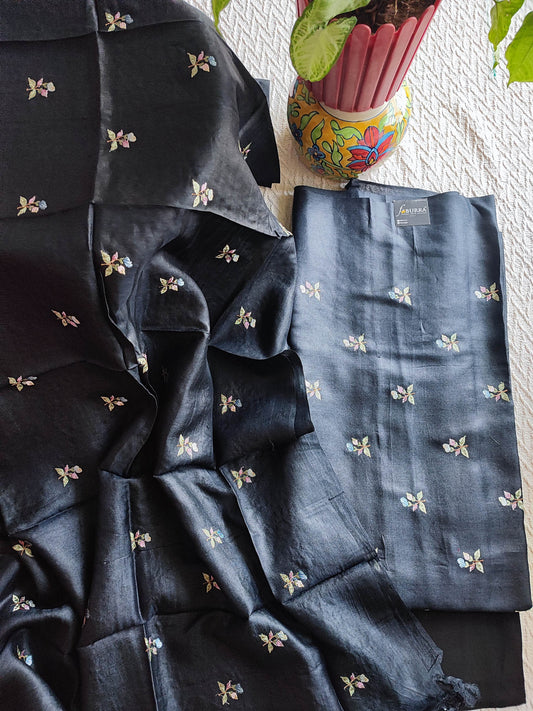 Black Pure Silk by Silk Banarasi Unstitched Suit Material with Multicolour Floral Buta Work