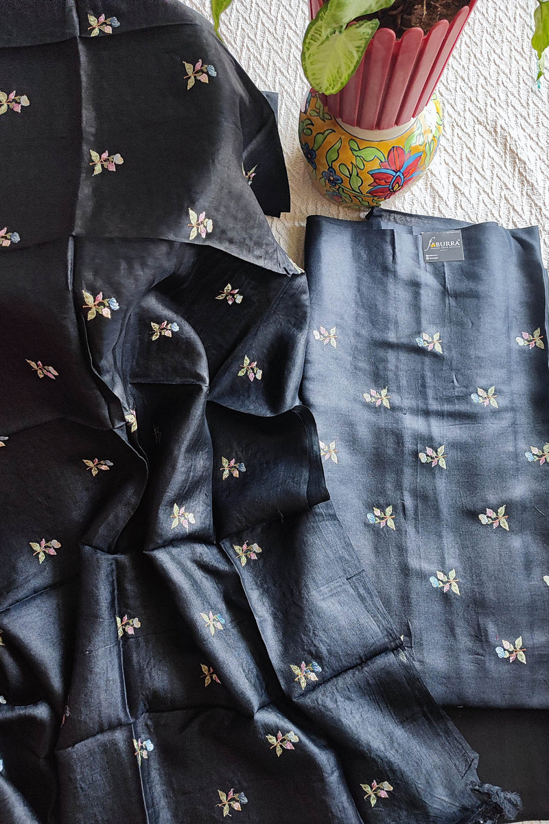 Black Pure Silk by Silk Banarasi Unstitched Suit Material with Multicolour Floral Buta Work