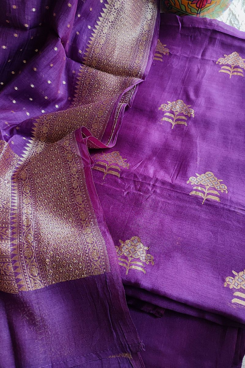 Royal Purple Pure Silk by Silk Banarasi Unstitched Suit Material with Golden Buta & Woven Border