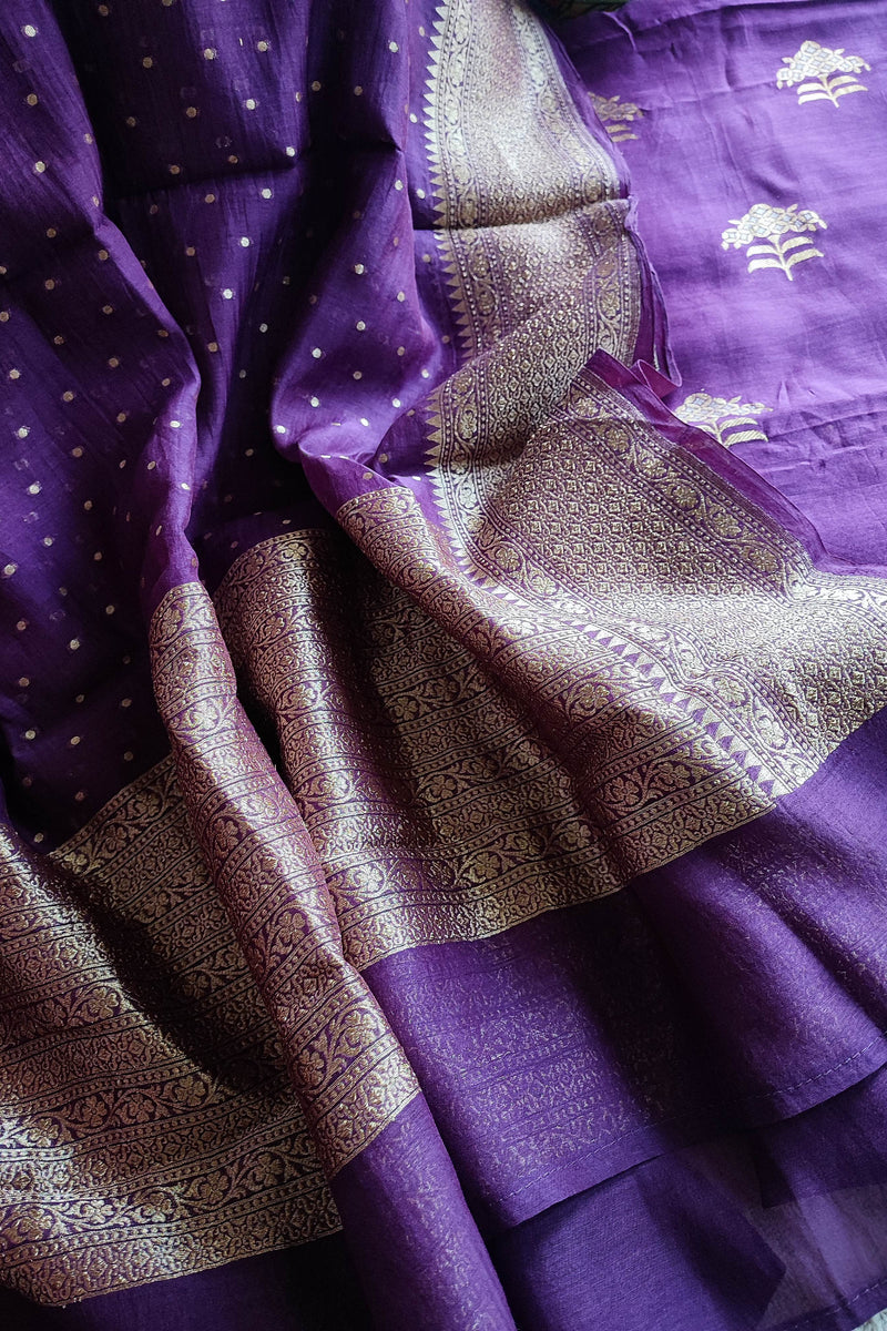 Royal Purple Pure Silk by Silk Banarasi Unstitched Suit Material with Golden Buta & Woven Border