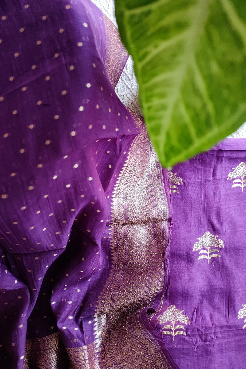 Royal Purple Pure Silk by Silk Banarasi Unstitched Suit Material with Golden Buta & Woven Border