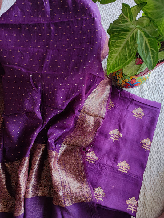 Royal Purple Pure Silk by Silk Banarasi Unstitched Suit Material with Golden Buta & Woven Border