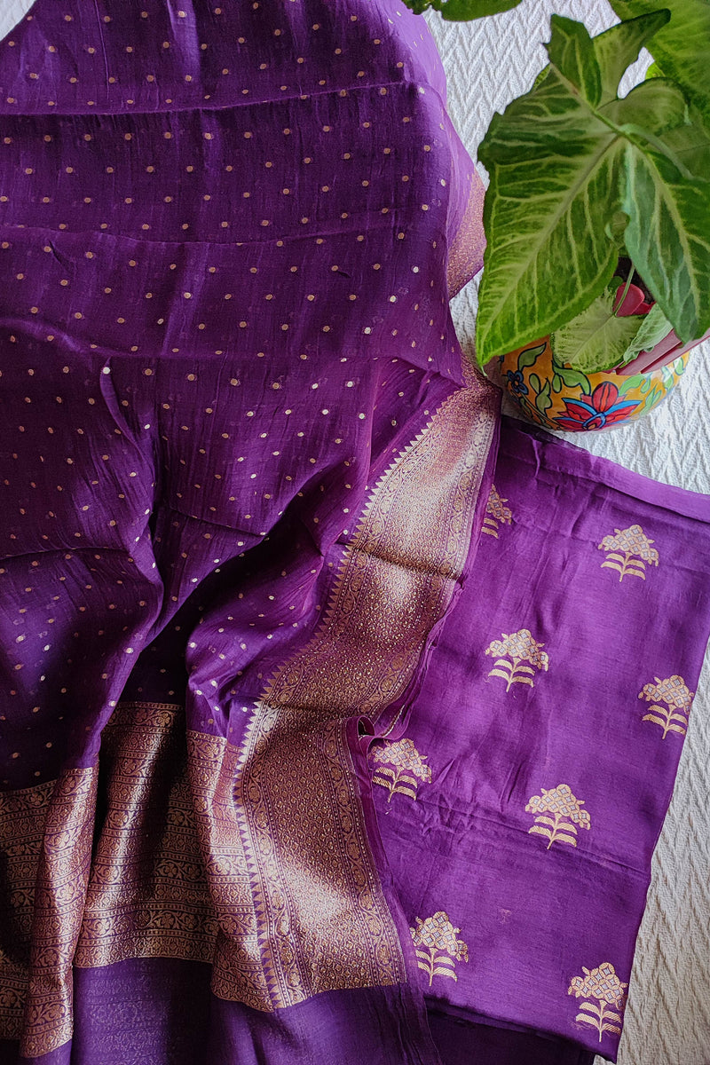 Royal Purple Pure Silk by Silk Banarasi Unstitched Suit Material with Golden Buta & Woven Border
