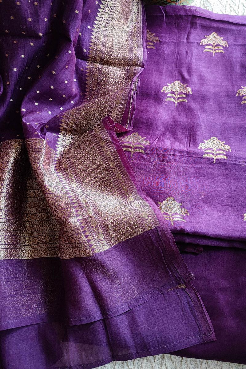 Royal Purple Pure Silk by Silk Banarasi Unstitched Suit Material with Golden Buta & Woven Border