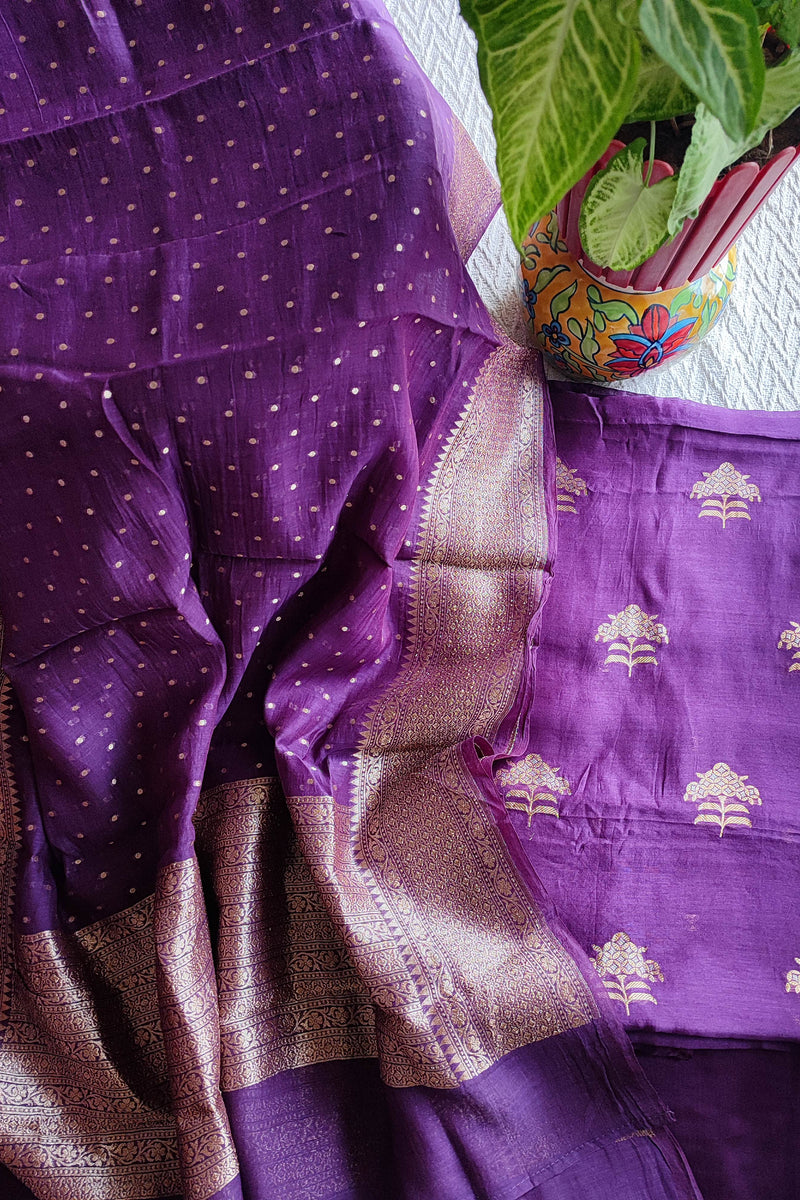 Royal Purple Pure Silk by Silk Banarasi Unstitched Suit Material with Golden Buta & Woven Border