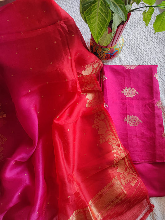 Red & Rani Pink Pure Silk by Silk Banarasi Unstitched Suit Material with Golden Floral Buta Work organza dupatta