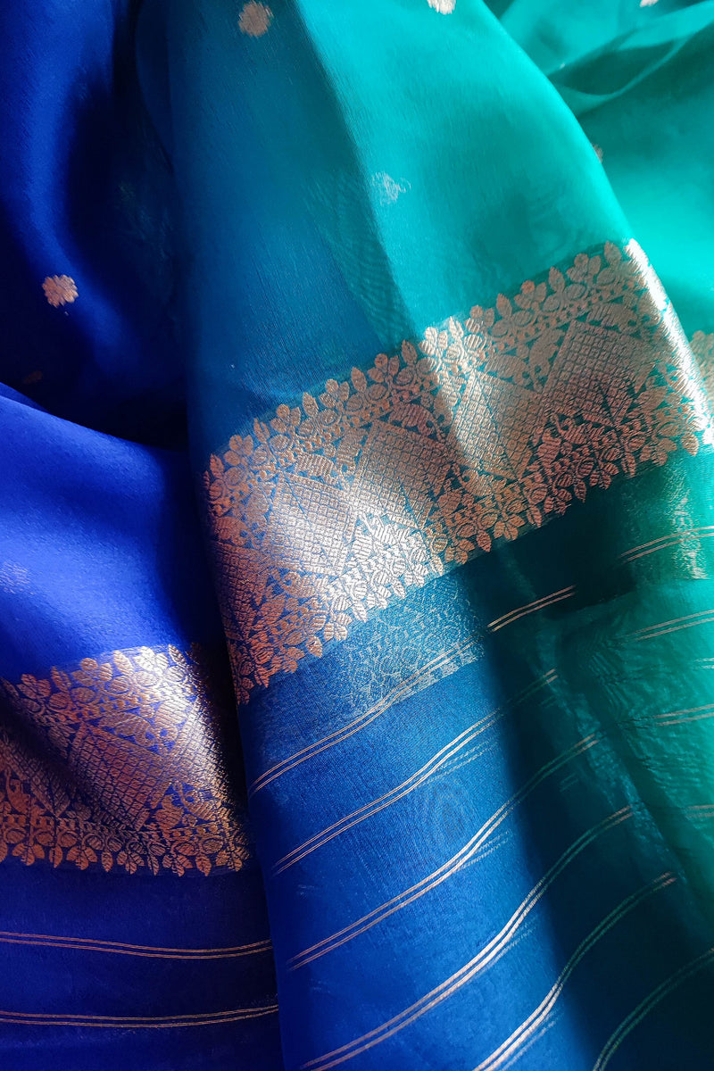 Emerald Green & Royal Blue Pure Silk by Silk Banarasi Unstitched Suit Material with Golden Buti Work Organza Dupatta