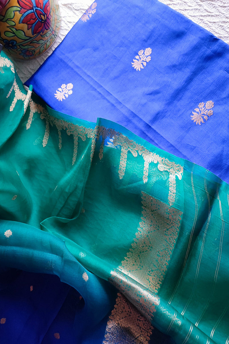 Emerald Green & Royal Blue Pure Silk by Silk Banarasi Unstitched Suit Material with Golden Buti Work Organza Dupatta