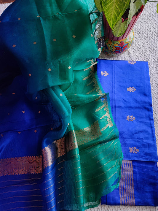 Emerald Green & Royal Blue Pure Silk by Silk Banarasi Unstitched Suit Material with Golden Buti Work Organza Dupatta