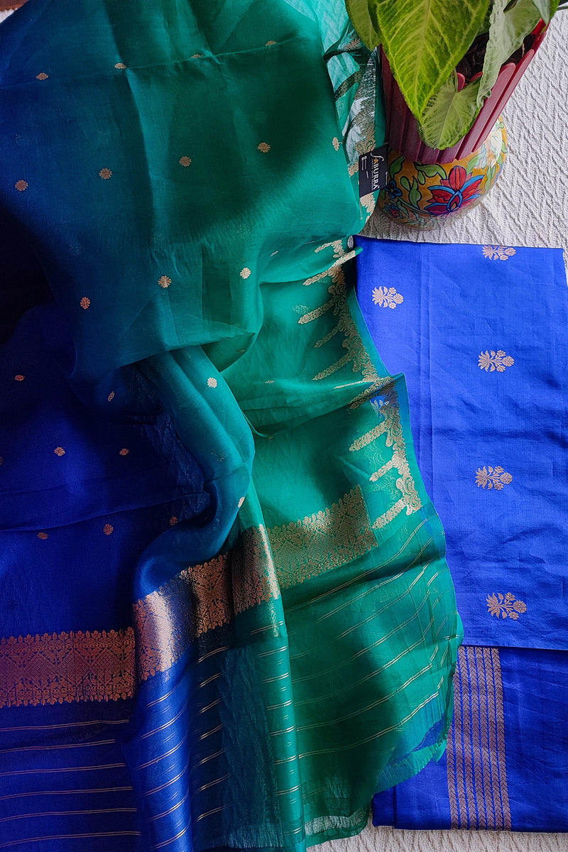 Emerald Green & Royal Blue Pure Silk by Silk Banarasi Unstitched Suit Material with Golden Buti Work Organza Dupatta