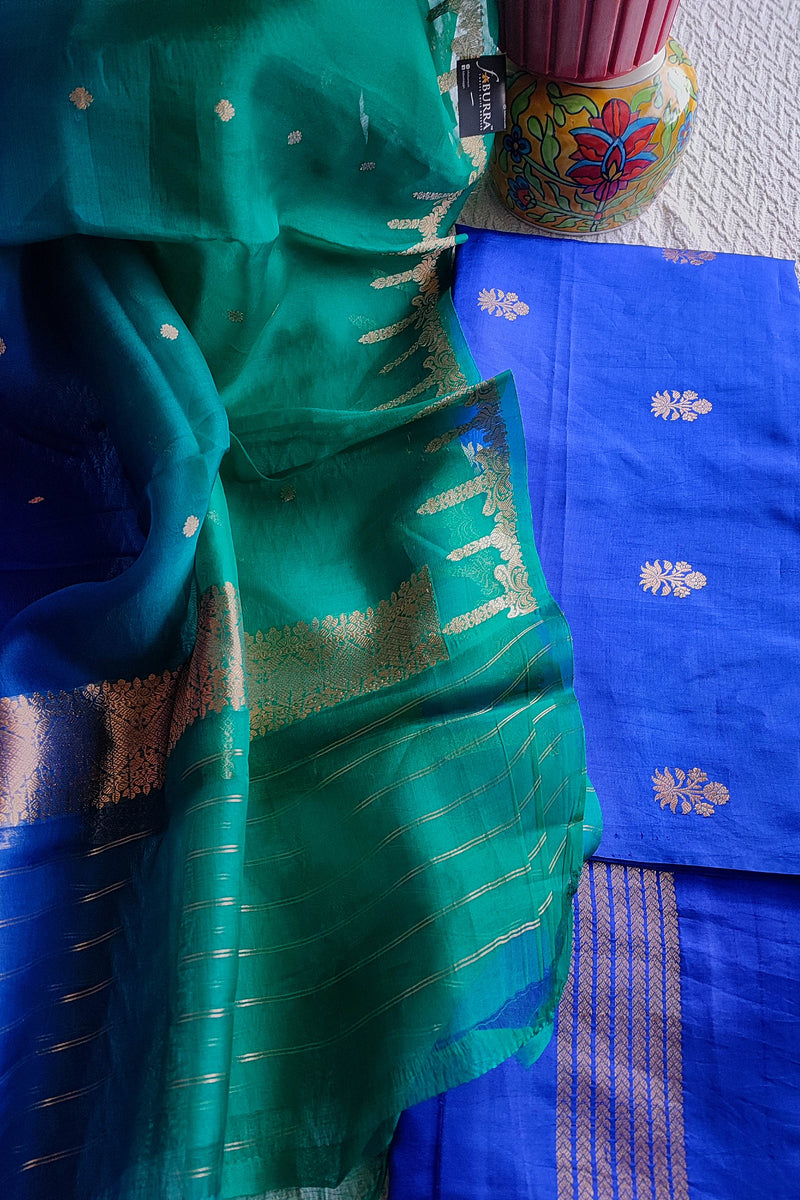 Emerald Green & Royal Blue Pure Silk by Silk Banarasi Unstitched Suit Material with Golden Buti Work Organza Dupatta