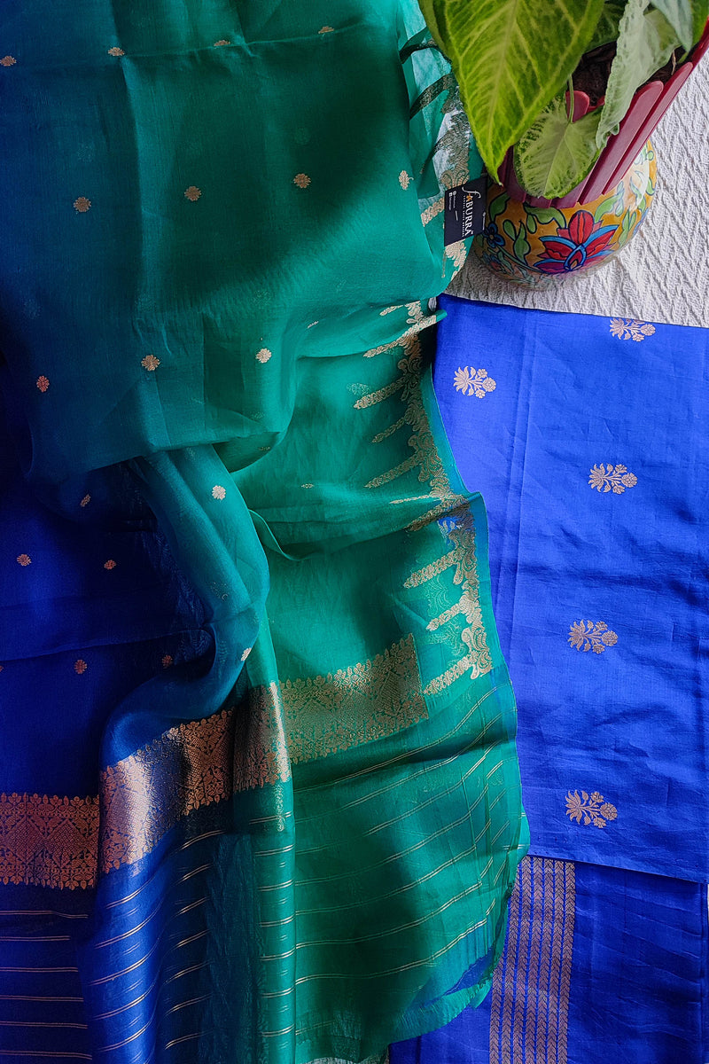 Emerald Green & Royal Blue Pure Silk by Silk Banarasi Unstitched Suit Material with Golden Buti Work Organza Dupatta