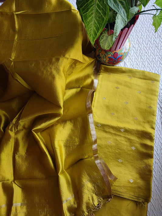 Mustard Yellow Pure Silk by Silk Banarasi Unstitched Suit Material with Golden Buti Work