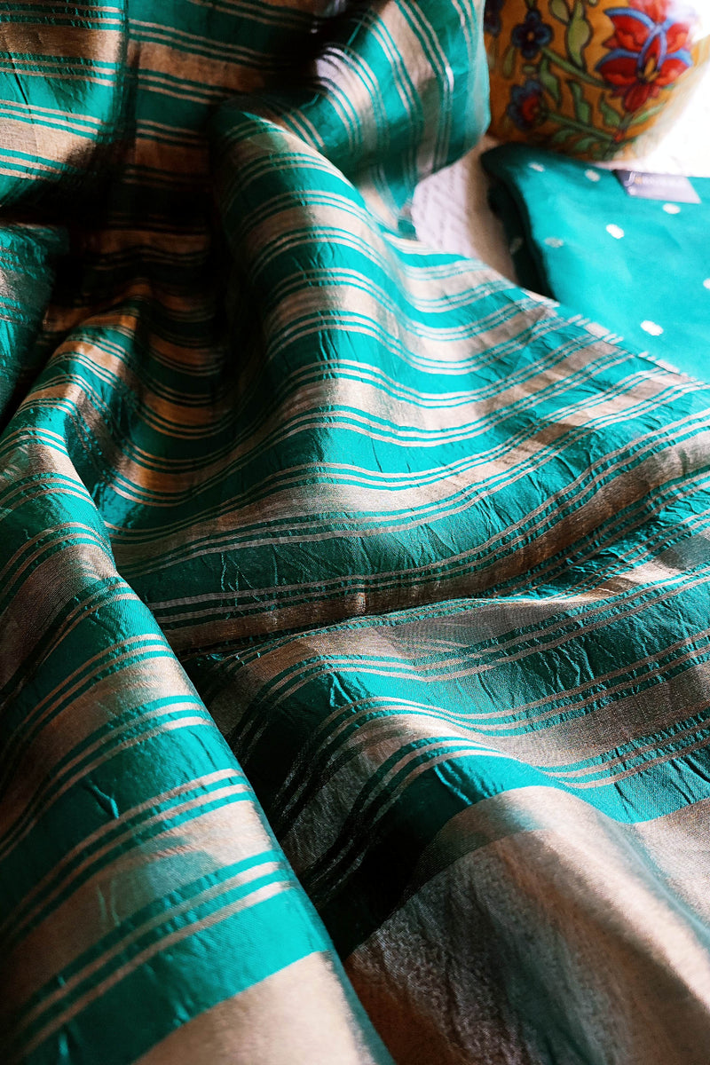 Teal Green Pure Silk by Silk Banarasi Unstitched Suit Material with Golden Buti & Striped Dupatta