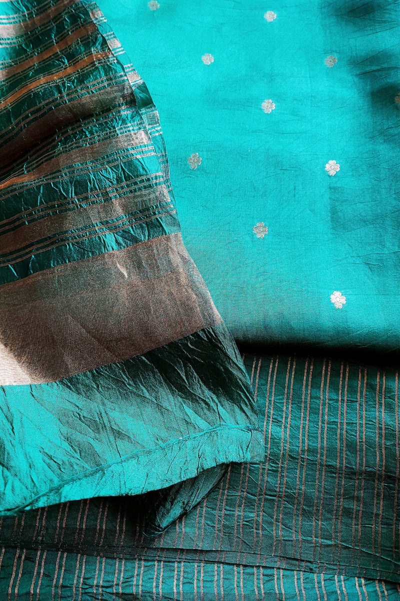 Teal Green Pure Silk by Silk Banarasi Unstitched Suit Material with Golden Buti & Striped Dupatta