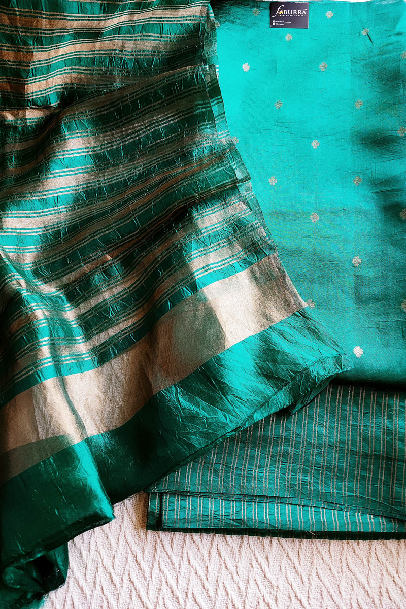 Teal Green Pure Silk by Silk Banarasi Unstitched Suit Material with Golden Buti & Striped Dupatta