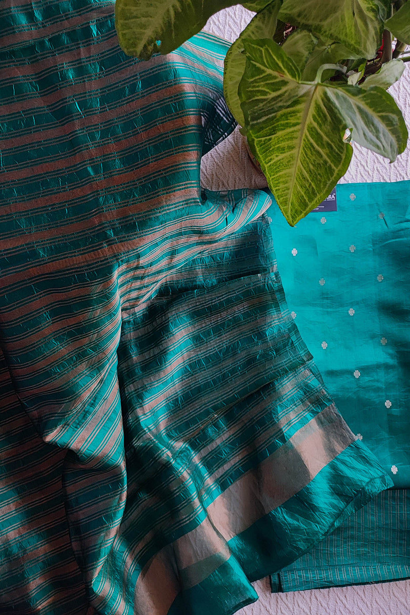 Teal Green Pure Silk by Silk Banarasi Unstitched Suit Material with Golden Buti & Striped Dupatta