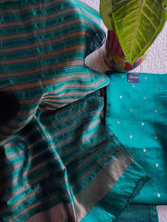 Teal Green Pure Silk by Silk Banarasi Unstitched Suit Material with Golden Buti & Striped Dupatta