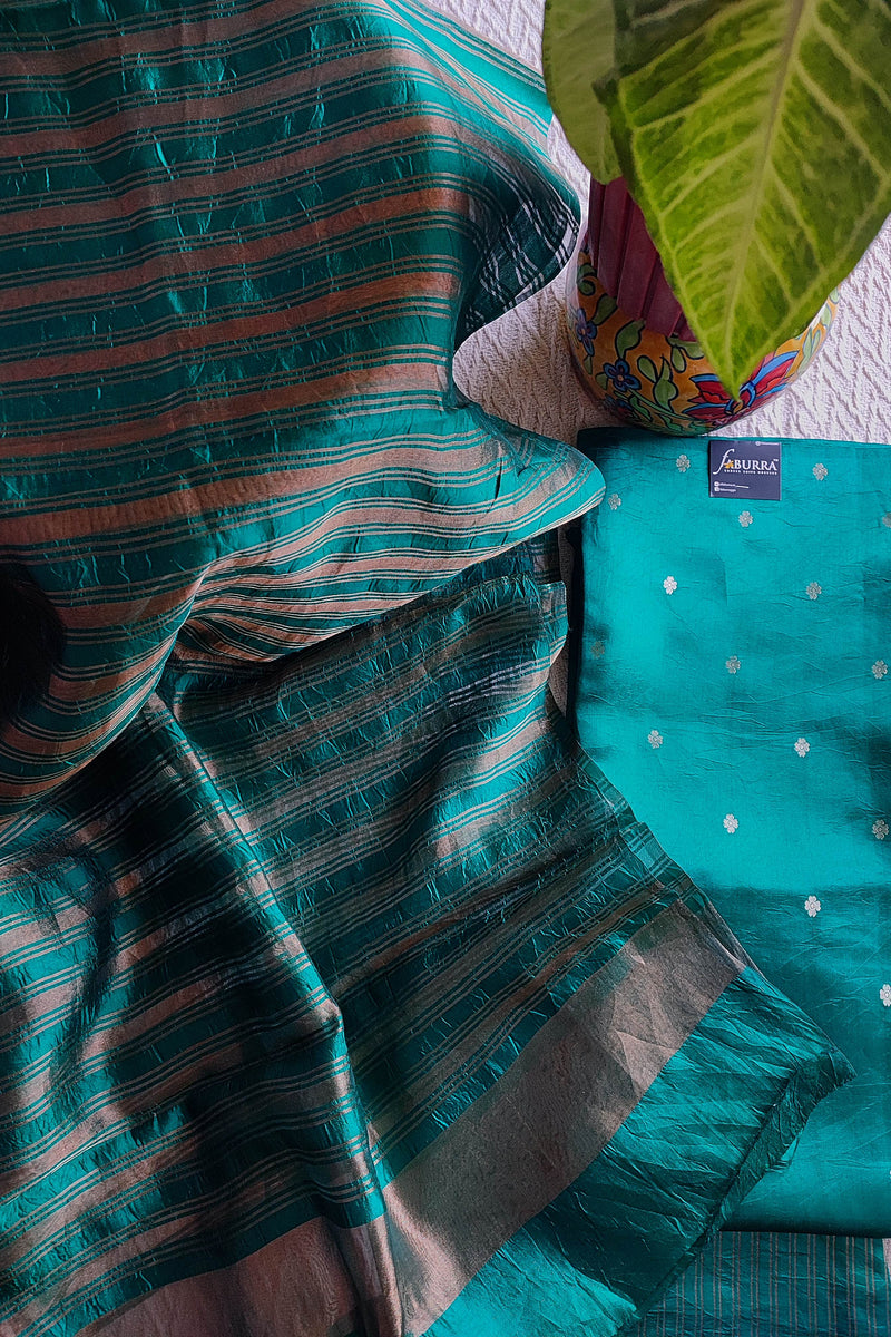 Teal Green Pure Silk by Silk Banarasi Unstitched Suit Material with Golden Buti & Striped Dupatta
