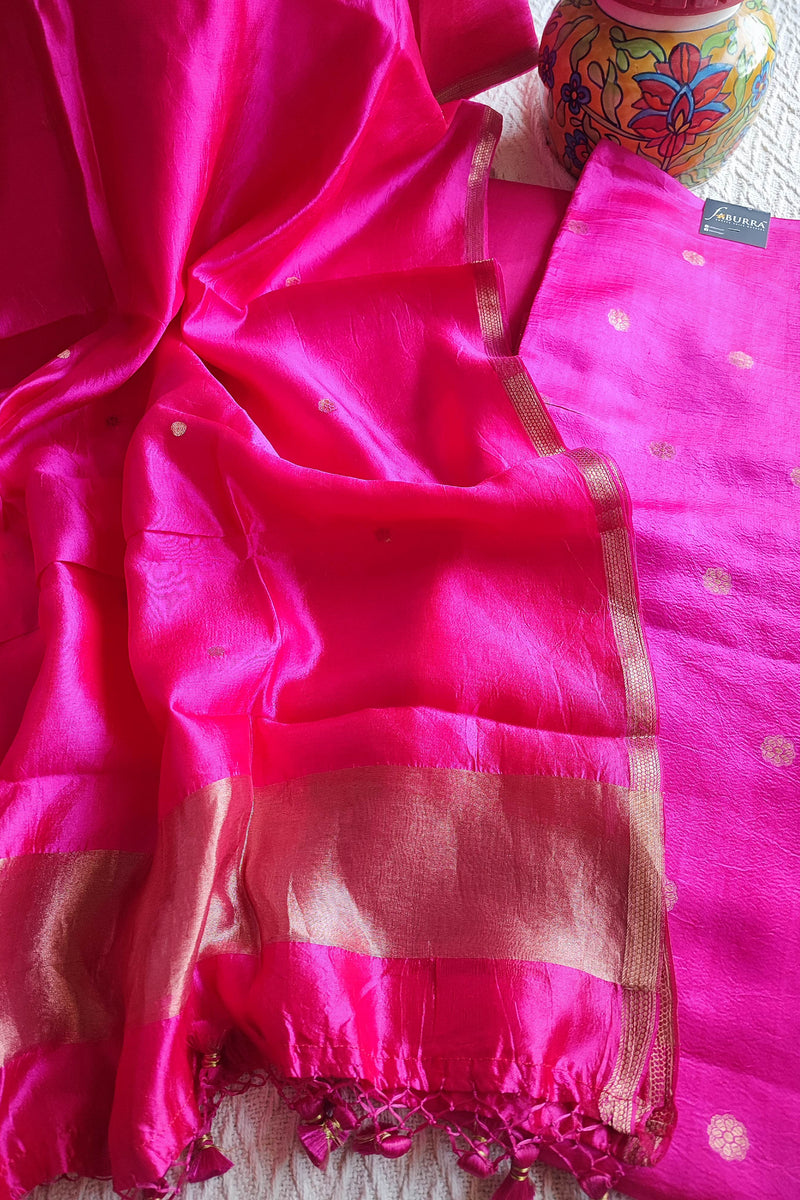 Hot Pink Pure Silk by Silk Banarasi Unstitched Suit Material with Golden Buti Work