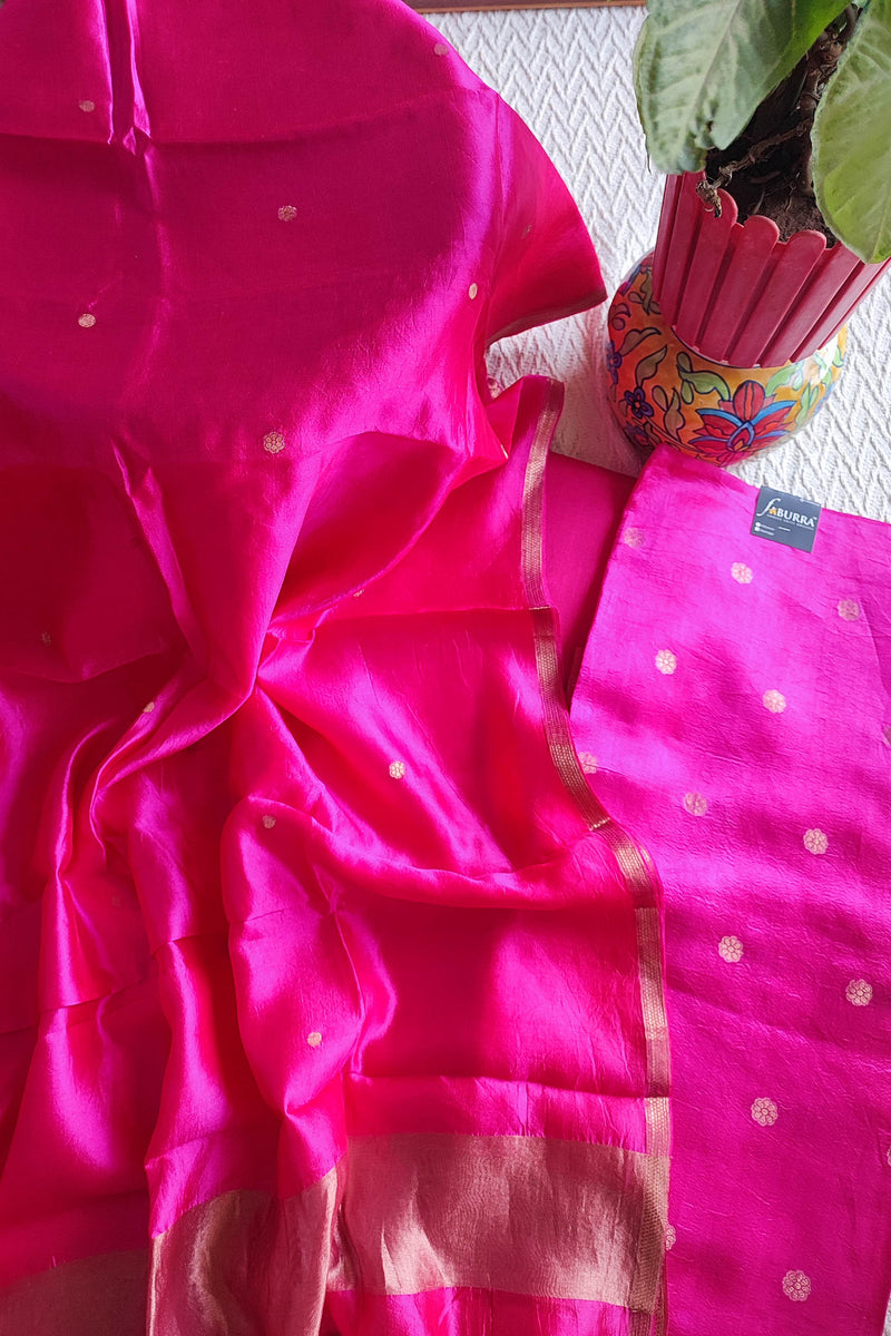 Hot Pink Pure Silk by Silk Banarasi Unstitched Suit Material with Golden Buti Work