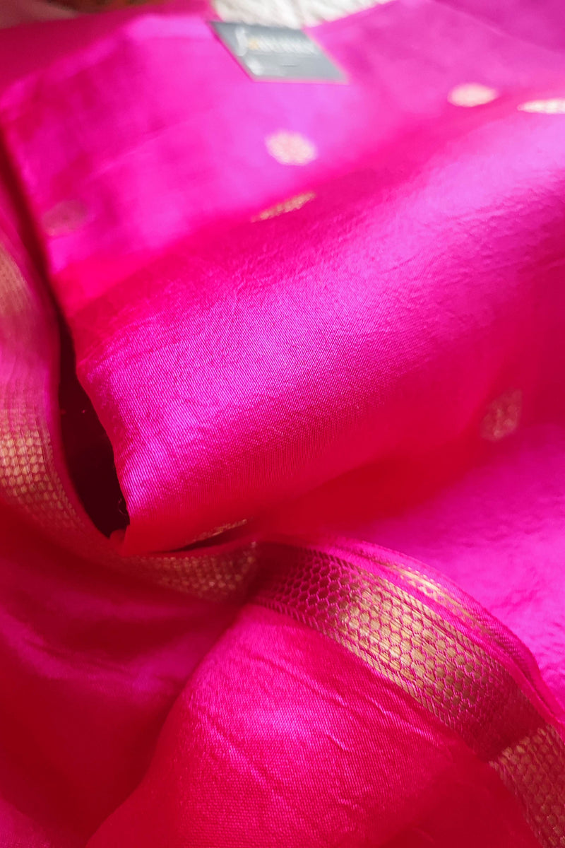 Hot Pink Pure Silk by Silk Banarasi Unstitched Suit Material with Golden Buti Work