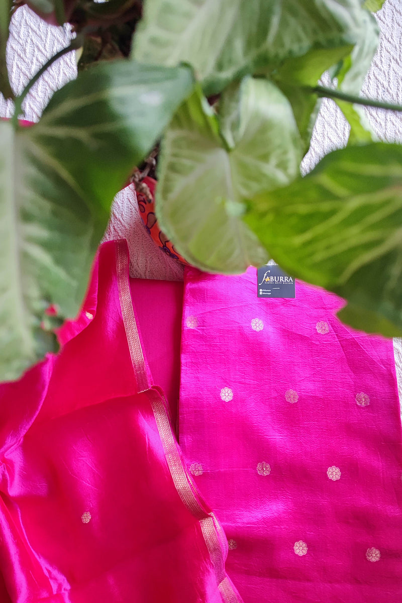 Hot Pink Pure Silk by Silk Banarasi Unstitched Suit Material with Golden Buti Work