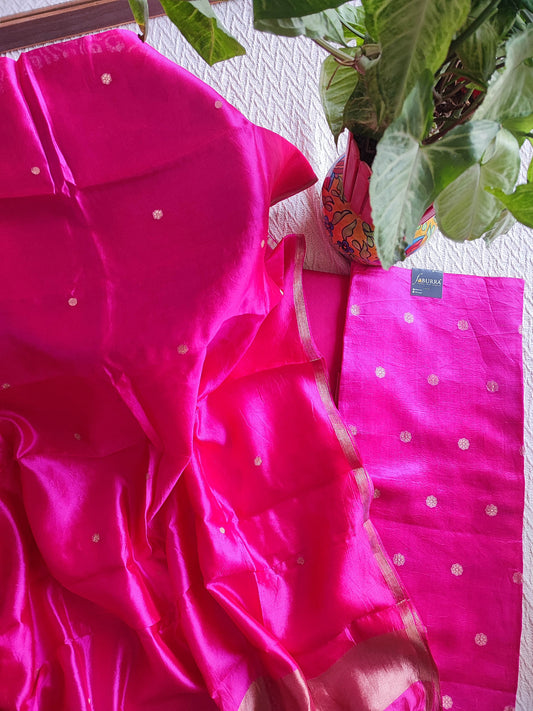 Hot Pink Pure Silk by Silk Banarasi Unstitched Suit Material with Golden Buti Work