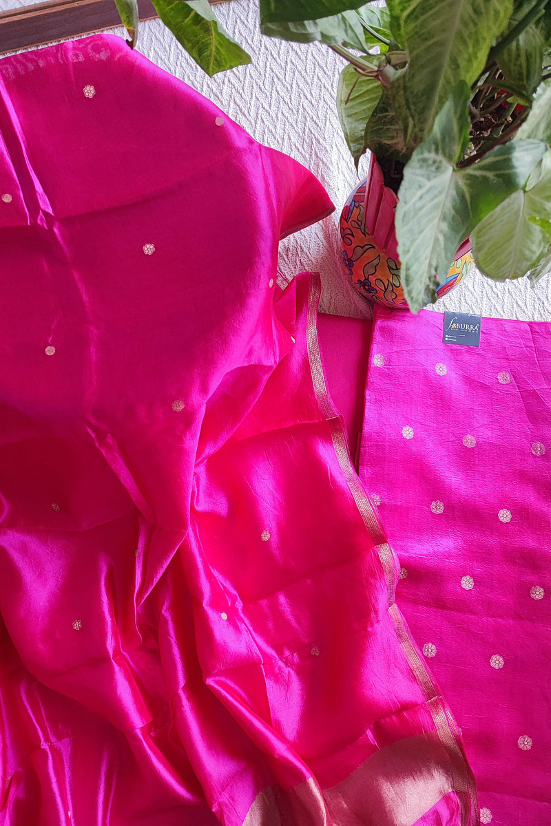 Hot Pink Pure Silk by Silk Banarasi Unstitched Suit Material with Golden Buti Work