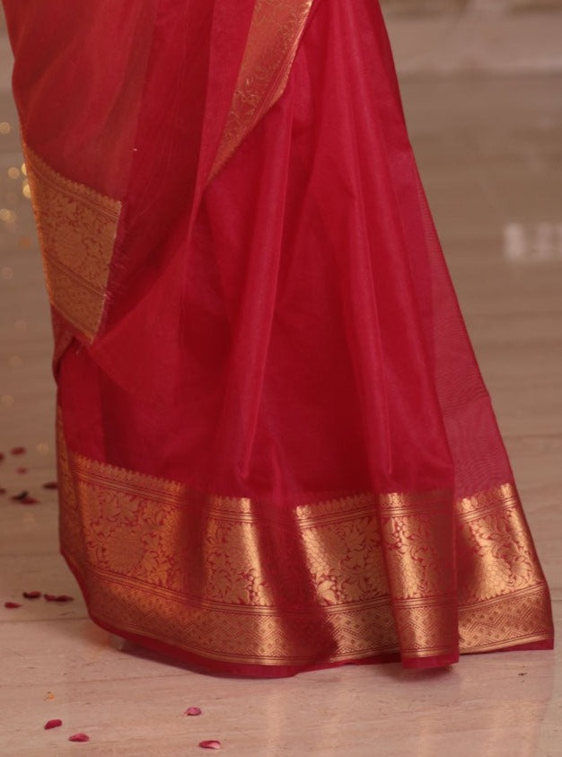Megenta Pink Semi Organza Saree With Zari Border