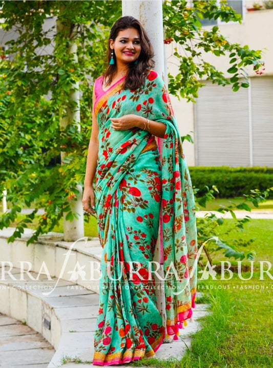 Sea Green Pure Linen Saree with Floral Print With Contrasting Blouse