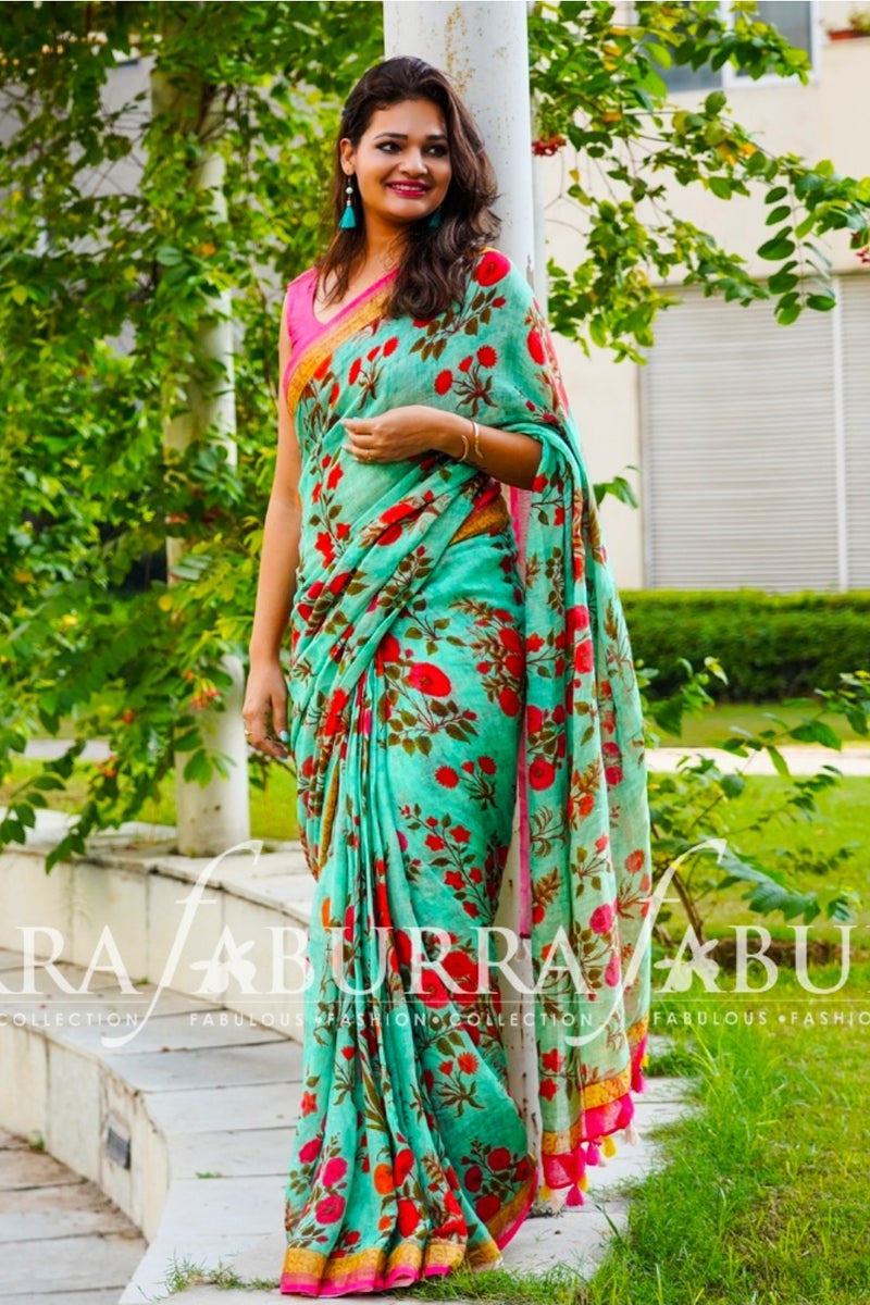 Sea Green Pure Linen Saree with Floral Print With Contrasting Blouse