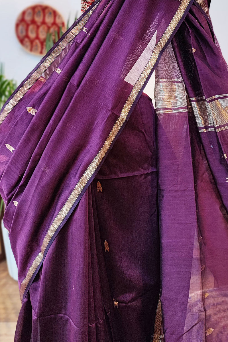 Midnight Purple Premium Maheshwari Silk Saree with Thin Zari Border