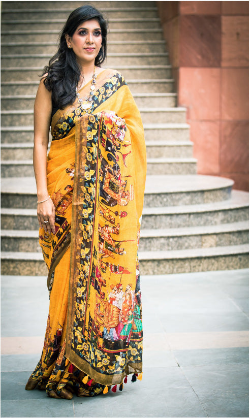 Yellow Blue Pure Linen Saree with Mughal Prints With Running Blouse