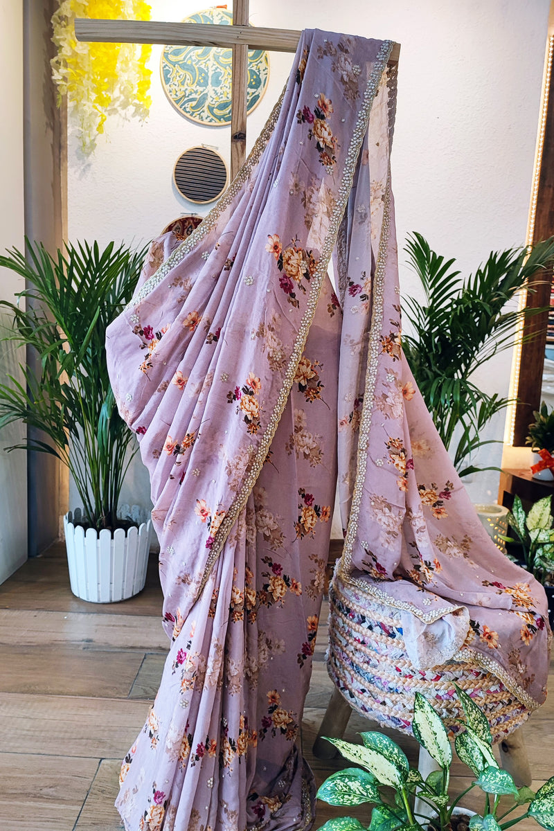 Light Lavender Partywear Chiffon Saree With Pearl Border Work