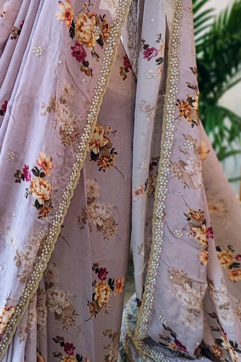 Light Lavender Partywear Chiffon Saree With Pearl Border Work
