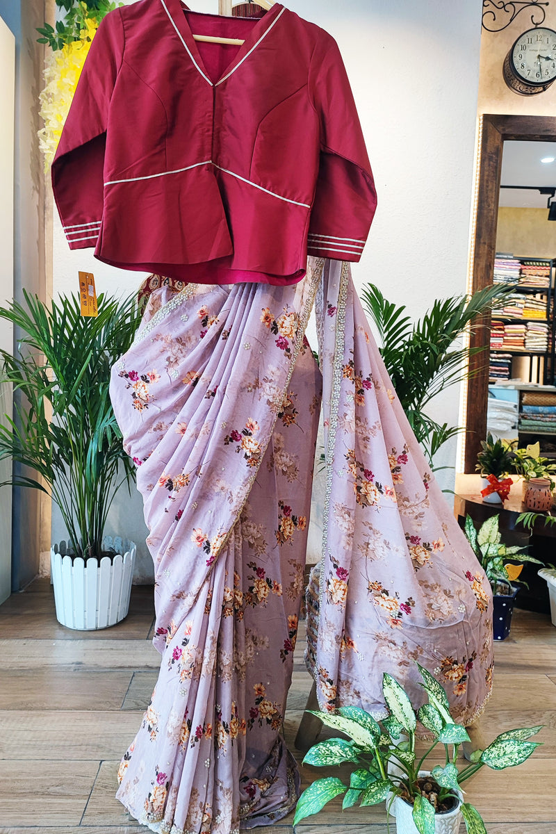 Light Lavender Partywear Chiffon Saree With Pearl Border Work