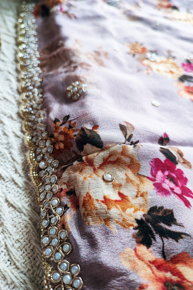 Light Lavender Partywear Chiffon Saree With Pearl Border Work