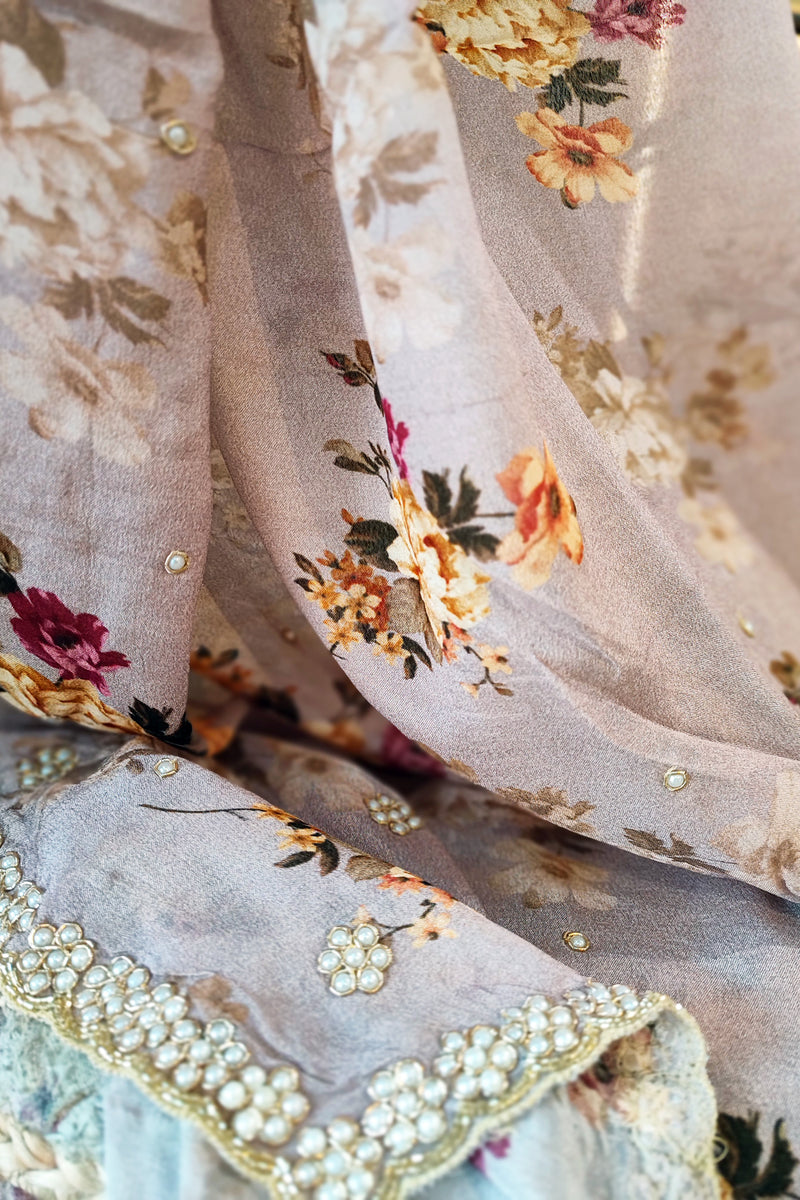 Light Lavender Partywear Chiffon Saree With Pearl Border Work