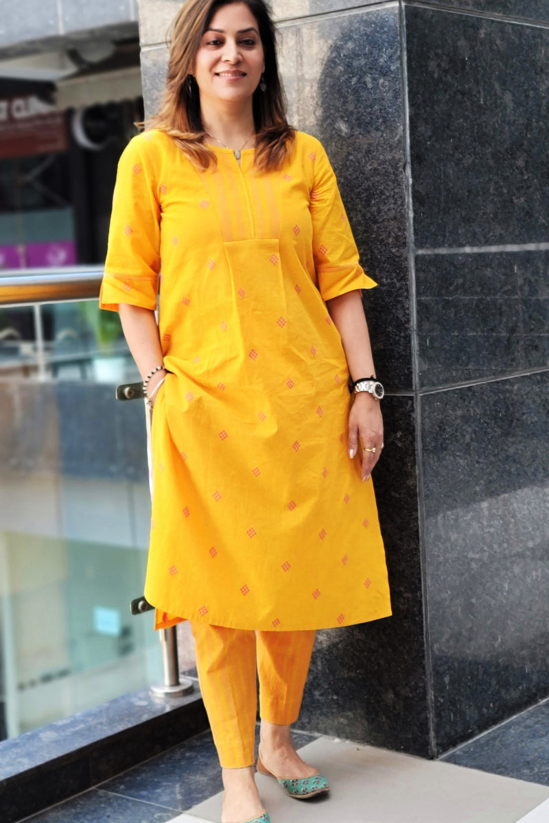 Amber Yellow Handloom Cotton Kurta & Pant Set